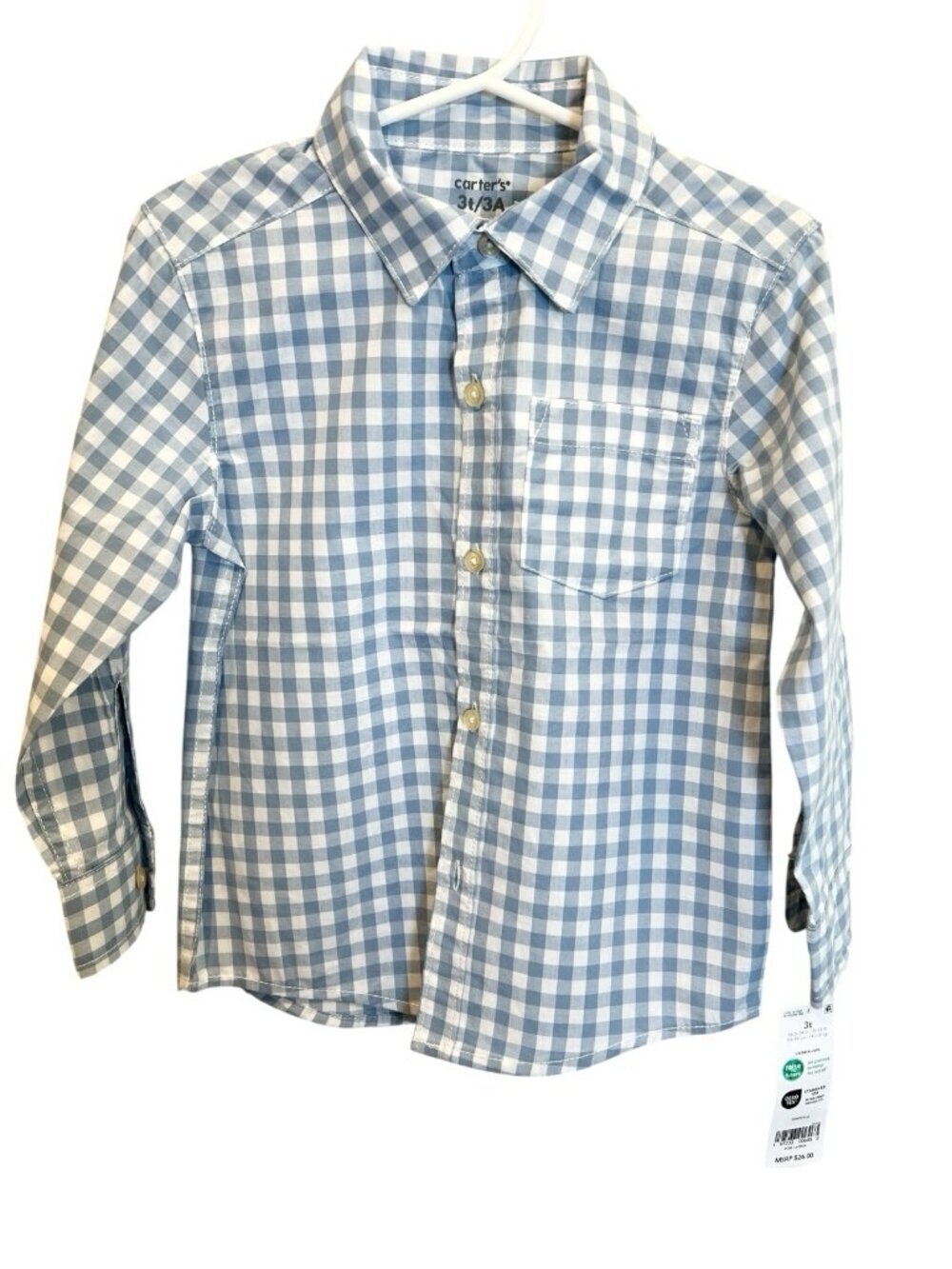 Carter’s Toddler Boys Size 3T Plaid Long Sleeve Button Front Shirt Blue White - Picture 2 of 11
